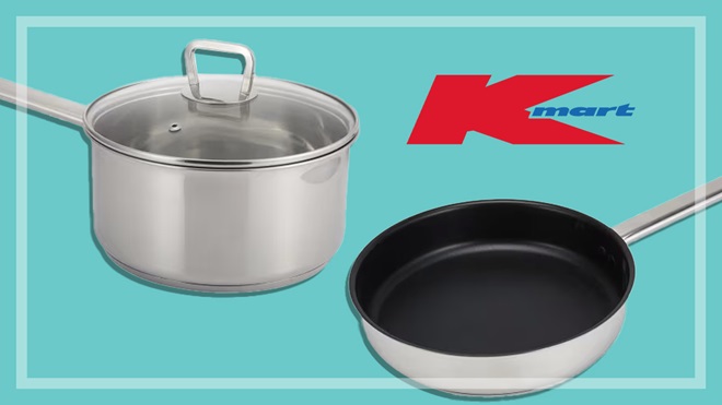kmart saucepan and frypan on teal background